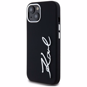 Karl Lagerfeld Silikoninen Metal Script Logo iPhone 15 Suojakuori - Musta