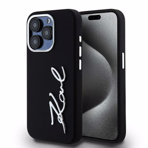 Karl Lagerfeld Silikoninen Metal Script Logo Suojakuori iPhone 15 Pro:lle - musta