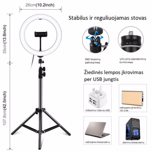 LED Ring Lamp 26cm With Desktop Tripod Mount Up To 1.1m, Phone Clamp, USB