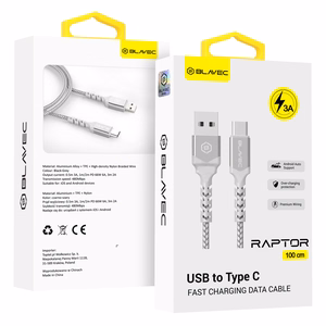 Blavec kaapeli Raptor punottu - USB - Type C - 3A 1 metri Apple CarPlay/Android Auto (CRA-UC3WS10) valkoinen-hopea