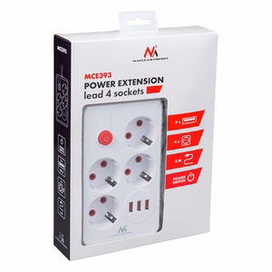 Maclean MCE393 W – jatkojohto pistorasioilla, 4 pistorasiaa + 3×USB, 110–240 V AC, 50/60 Hz, 2,1 A, enintään 2500 W, 3 m, valkoinen