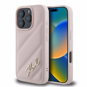 Karl Lagerfeld Quilted Signature Suojakuori iPhone 16 Pro:lle - vaaleanpunainen