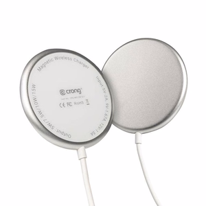 Crong MagSpot alumiininen 15 W magneettinen langaton laturi, MagSafe-yhteensopiva, hopeanvärinen ja valkoinen