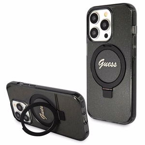 Guess Ring Stand Script Glitter MagSafe -suojakuori iPhone 14 Pro Maxille - musta