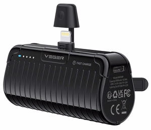 Ulkoinen akku Veger PlugOn (W0558P) PD QC3.0 2,4A 20W 5000 mAh sisäänrakennetulla Lightning-liittimellä musta