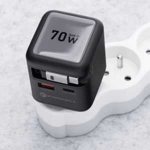Puhelinlaturi Forcell F-Energy GaN USB C + USB A + sisäänvedettävä USB C PD QC4.0 3A 70W VT-R7 kaapeli harmaa