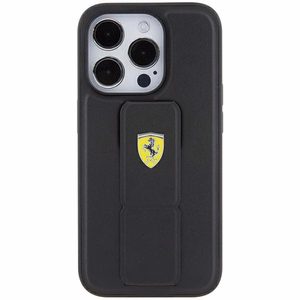 Ferrari Grip Stand Metal Logo Suojakuori iPhone 15 Pro Maxille - musta