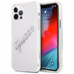 Guess GUHCP12LKTRSVSI iPhone 12 Pro Max 6.7" läpinäkyvä kovakotelo Vintage Script Hopea