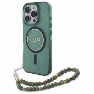 Guess IML Glitter With Pearl Strap MagSafe Suojakuori iPhone 16 Pro Max:lle - Vihreä