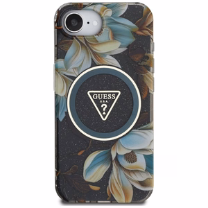 GUESS IML Metal Glitter Flowers Triangle MagSafe Alkuperäinen Suojakuori iPhone 17e/16e:lle - Musta