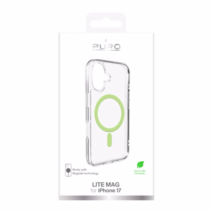 Puro Lite Mag TPU+PC suojakuori MagSafe-yhteensopiva iPhone 17:lle - läpinäkyvä vihreällä renkaalla