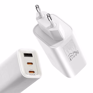 Rock Seinälaturi Ice2Cube GaN - USB + 2xType C - PD 65W 3A valkoinen