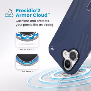 Speck Presidio2 Grip -suojakuori MagSafe- ja ClickLock-tuella iPhone 16:lle, Coastal Blue/Dust Grey