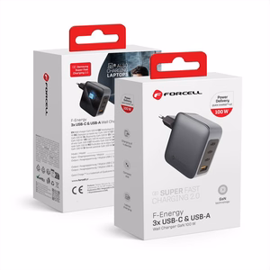 Puhelinlaturi Forcell F-Energy GaN 3 x USB C + USB A QC4.0 PD 5A 100W VT-46 harmaa