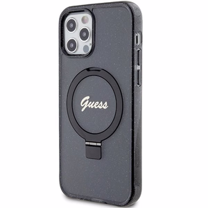 Guess Ring Stand Script Glitter MagSafe -suojakuori iPhone 12/12 Prolle - musta