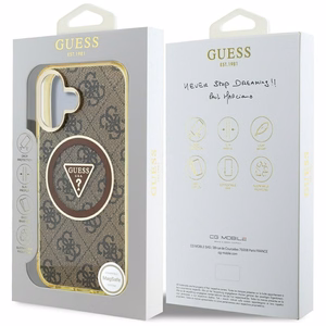 Guess IML Metal Glitter 4G Circle Triangle MagSafe Case for iPhone 16 - Brown