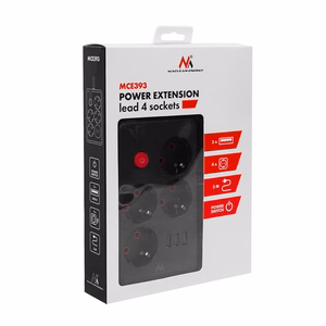 Maclean MCE393 B -jatkojohto, 4 pistorasiaa ja 3 USB-porttia, 110–240 V AC, 50/60 Hz, 2,1 A, enint. 2500 W, 3 m, musta