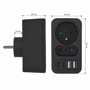 Maclean MCE249 F/B – verkkopistorasian jakaja, 2 pistorasiaa, 4 USB-porttia: 2×USB-A ja 2×USB-C PD 20 W, 1×16 A + 1×6 A
