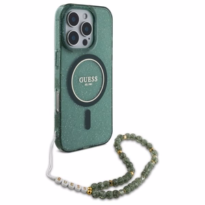 Guess IML Glitter With Pearl Strap MagSafe Suojakuori iPhone 16 Pro Max:lle - Vihreä