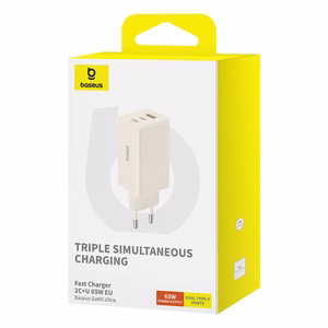 Seinälaturi Baseus GaN5 2x USB-C + USB, 65W + kaapeli 1m (valkoinen)