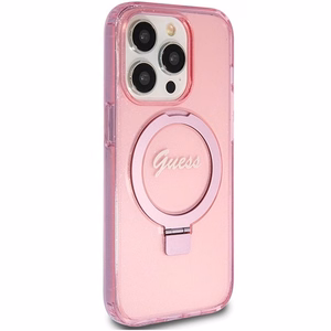 GUESS Suojakuori IPHONE 15 Prolle MagSafe-yhteensopiva GUHMP15LHRSGSP (Glitter Script Logo Ring stand) vaaleanpunainen