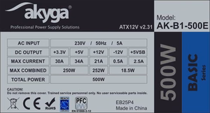 Akyga AK-B1-500E virtalähde 500 W 20+4 pin ATX ATX harmaa