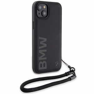 BMW Signature Leather Wordmark Cord Suojakuori iPhone 15 Plus / 14 Plus:lle - musta