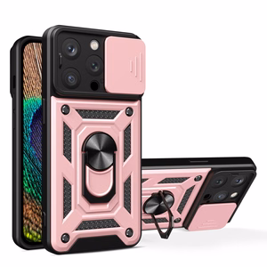 Hybrid Armor Camshield Suojakuori jalustalla ja kamerasuojalla iPhone 15 Pro:lle - vaaleanpunainen