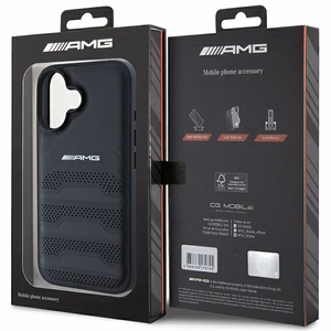 AMG Leather Debossed Lines Black Logo Suojakuori iPhone 16:lle - musta