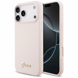 vaaleanpunainen Guess Silicone Script Metal Logo MagSafe -suojakuori Iphone 18 Pro Max / iPhone 17 Pro Max -laitteille