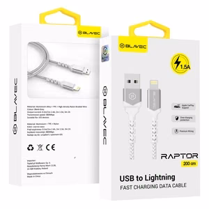 Blavec Raptor punottu kaapeli - USB to Lightning - 1,5A 2 m Apple CarPlay (CRA-UL15WS20), valkoinen-hopeinen