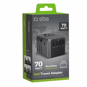SBS Universaali GaN Matkasovitin 70W 3xUSB-C 2xUSB-A kotelolla - musta
