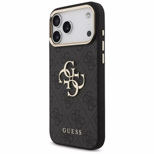 Guess PU Leather 4G Metal Logo Gold Frame -kuori Apple iPhone 18 Pro Max -puhelimelle, musta