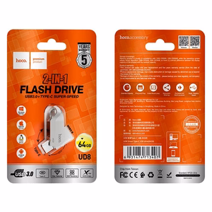 Pendrive 64GB USB 3.0 (USB A + USB C) Hoco UD8 nikkeli