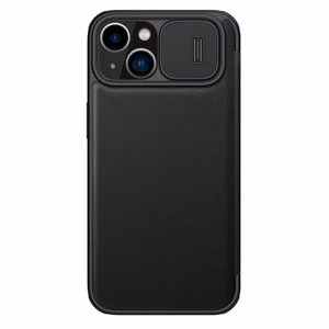 Nillkin Qin Nahka Pro Case iPhone 14 Plus kamera kansi Holster kansi Flip Case musta