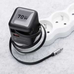 Puhelinlaturi Forcell F-Energy GaN USB C + USB A + sisäänvedettävä USB C PD QC4.0 3A 70W VT-R7 kaapeli harmaa