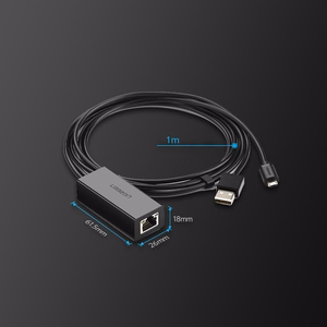 Ugreen 30985 ulkoinen verkkokortti Chromecastille, micro USB / USB-A -liittimillä, 100 Mb/s, 1 m, musta
