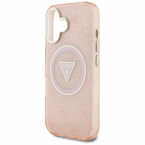 Guess IML Metal Glitter 4G Circle Triangle MagSafe Suojakuori iPhone 16:lle - Vaaleanpunainen