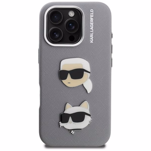 Karl Lagerfeld FW Grained Karl & Choupette Heads Pins Suojakuori iPhone 16 Pro Max - harmaa