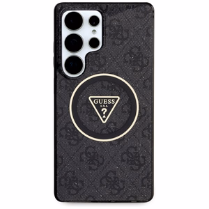 Guess 4G Glitter Triangle Buttons MagSafe -suojakuori Samsung Galaxy S25 Ultra musta