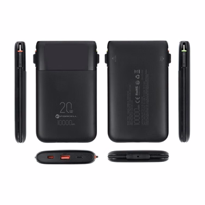 FORCELL F-ENERGY F10K6 Multicharge -varavirtalähde sisäänrakennetuilla USB-C- ja Lightning-kaapeleilla, PD, QC3.0, 3 A, 22,5 W, 10000 mAh, musta
