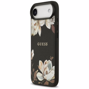 Guess Grained Flowers Classic Logo MagSafe Suojakuori iPhone Air:lle musta