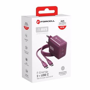 Viininpunainen 60 W:n Forcell F-Energy GaN III Crystal Color VT-60 -seinälaturi, 2 × USB-C, AVS/PPS ja 1 m:n 60 W:n silikoninen USB-C–USB-C-kaapeli
