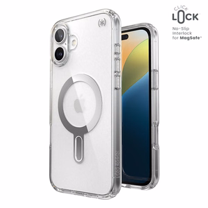 Speck Presidio Perfect-Clear -suojakuori MagSafe- ja ClickLock-tuella iPhone 16 Plus:lle, Clear/Chrome