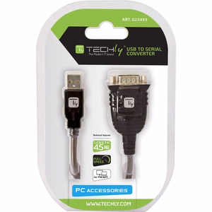Techly USB-sarjaporttisovittimen muunnin blisterpakkauksessa IDATA USB-SER-2T