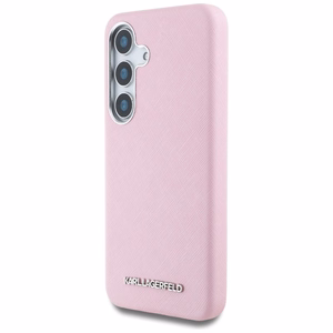 Karl Lagerfeld Saffiano Full Wrapped Elongated Metal Logo MagSafe Suojakuori Samsung Galaxy S25:lle - vaaleanpunainen