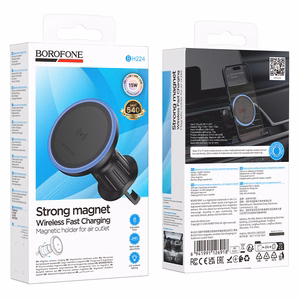 Borofone BH224 Flash -autopidike magneettinen induktiolatauksella tuuletusritilään, musta