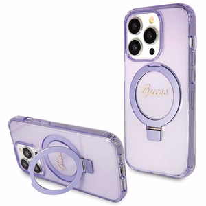 Guess Ring Stand Script Glitter MagSafe suojakuori iPhone 13 Pro / 13:lle - violetti