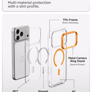 Spigen Ultra Hybrid Optik S MagSafe -suojakuori iPhone 18 Pro / 17 Pro -malleille, läpinäkyvä oranssi