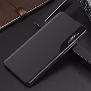 Eco Leather View Case, tyylikäs suojakuori läpällä ja jalustalla iPhone 16e / 17e:lle - musta